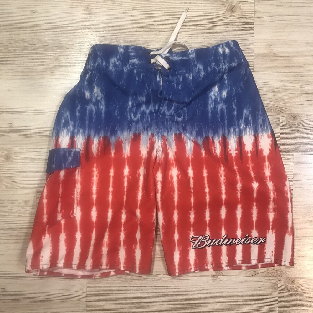 Budweiser BUD Board Shorts Swim Trunks RED & BLUE Size 32 Mens Anheuser-Busch